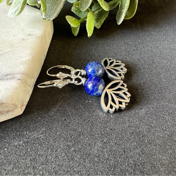 Lapis Lazuli Earrings with Lotus Flower Sterling Silver Lever Back - Picture 3 of 11